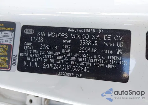 2019 Kia Forte Fe/Lx/Lxs из США, поврежденный, VIN 3KPF24AD1KE062840